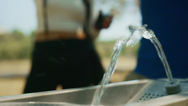 A hand refills a blue reusable water bottle from a public drinking fountain. Clear water flows, providing refreshing hydration and promoting sustainability.