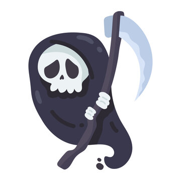 Whimsical cartoon grim reaper character in a dark cloak holding a scythe, isolated vector illustration