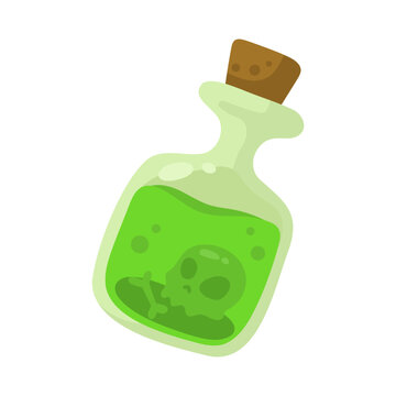 Vibrant green toxic potion in a glass bottle featuring a skull, a dangerous elixir for magic and spooky tales