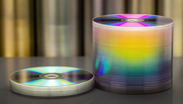 Stacks of CDs reflecting rainbow colors.