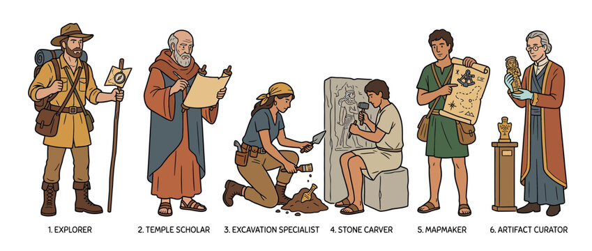 Diverse historical professions and crafts illustrated, isolated characters