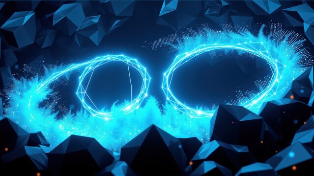 Abstract digital illustration. Glowing blue polygons, circles, data streams create futuristic owl face. Dark background enhances vibrant effect.