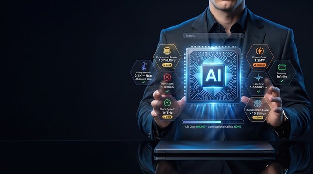 ASI computational power concept with advanced processor chip representing unlimited processing capacity extreme speed and superintelligent cognition