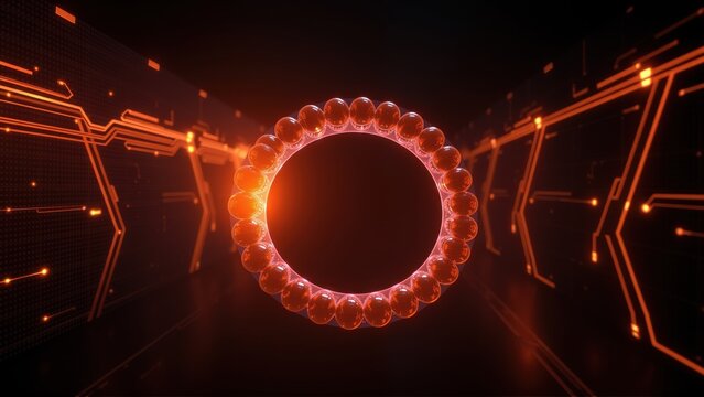 Futuristic tunnel with glowing orange circuit patterns. Spheres form circular opening, emitting bright light. Dark background enhances visual impact.