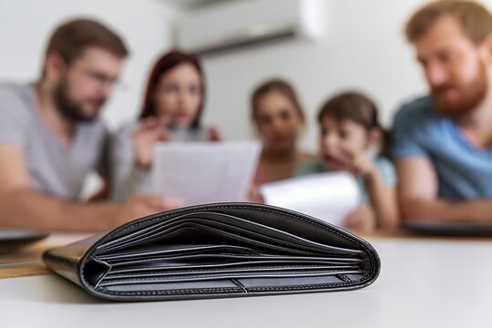 Empty wallet in focus with a worried family reviewing bills in the background, financial hardship concept for mortgage default, foreclosure risk and household debt