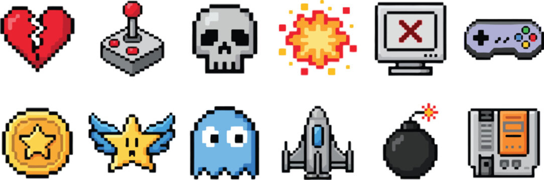 Pixel Art Icons Set, Joystick, Gamepad Controller, Rocket Ship, Pacman Ghost, Heart, Bomb, and Star Vector Illustration