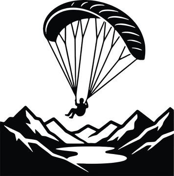 Paragliding Silhouette Vector Illustration, Paraglider Flying over Mountain Range and Lake Landscape