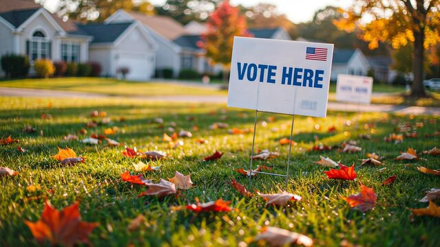 Vote here sign in a colorful autumn neighborhood yard encouraging civic participation