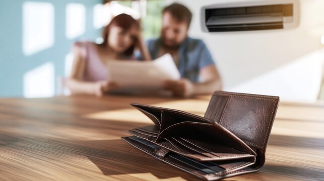 Open empty wallet with stressed couple reviewing financial documents at home, mortgage crisis concept for foreclosure, housing costs, debt and inability to meet payments