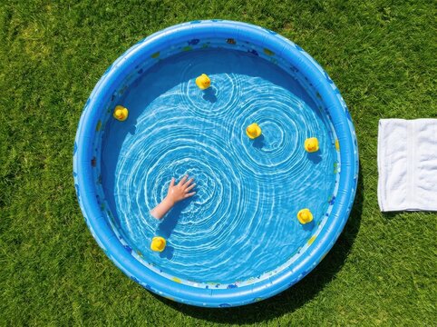 Kiddie pool with floating rubber ducks on green lawn in summer