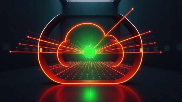 Futuristic scene depicts glowing cloud within red circular frame. Lines radiate from central point, creating digital effect. Dark room enhances visual impact.