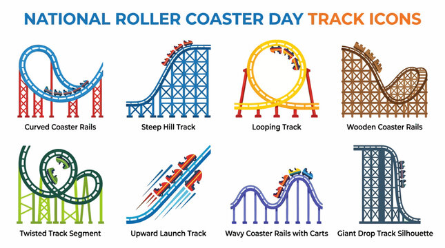 Rollercoaster tracks featuring various loop shapes, steep drops, and twisted segments are displayed as a collection of technical icons to illustrate the thrill of an amusement park ride or attraction.