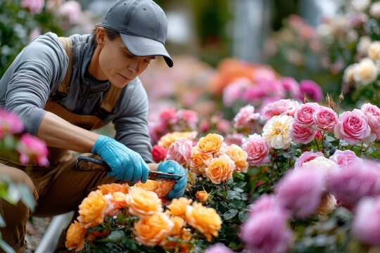 Gardener pruning vibrant roses in a colorful garden during springtime