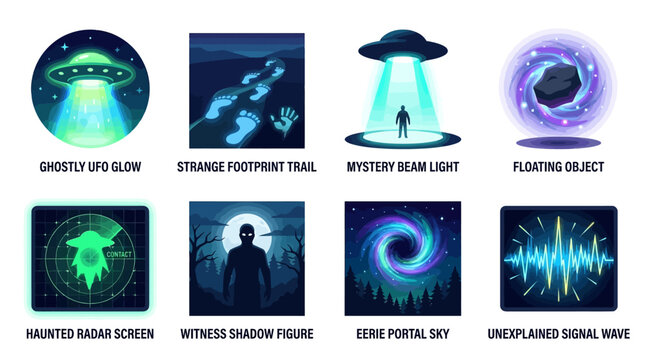 UFO encounter graphics depict mysterious phenomena and unexplained cosmic events through a collection of stylized digital icons designed to represent alien abduction and extraterrestrial paranormal.