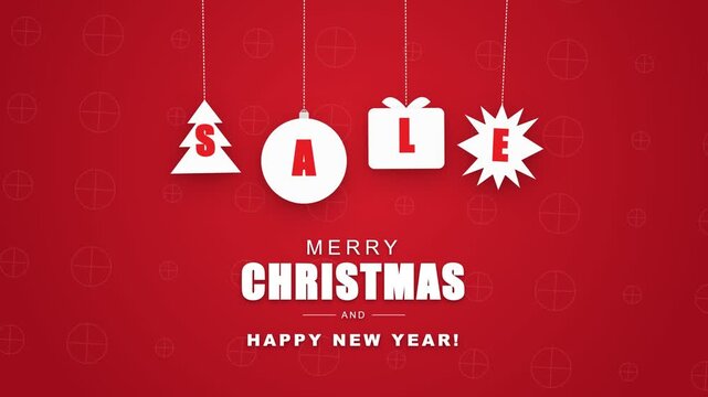 Merry Christmas and Happy New Year Holiday Sale Promotional Banner with Hanging Festive Ornaments on Red Background