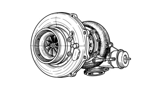 Detailed black line art vector of automotive turbocharger with compressor wheel, wastegate actuator and housing bolts for engine and mechanical designs
