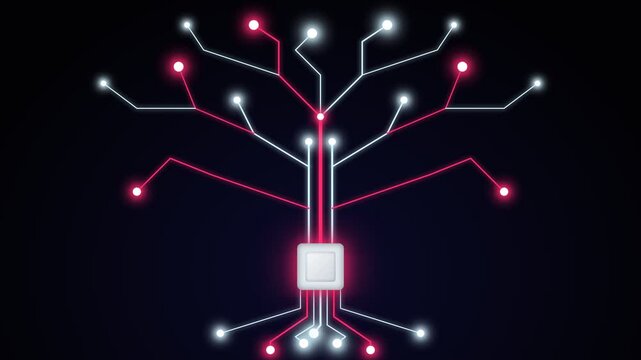 Abstract Digital Circuit Tree Representing Artificial Intelligence and Neural Network Connectivity on Dark Background
