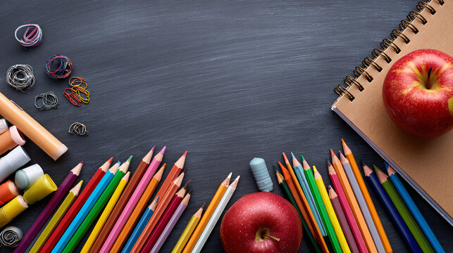 Colorful Drawing and Writing Supplies Spread on Chalkboard Surface with Apples