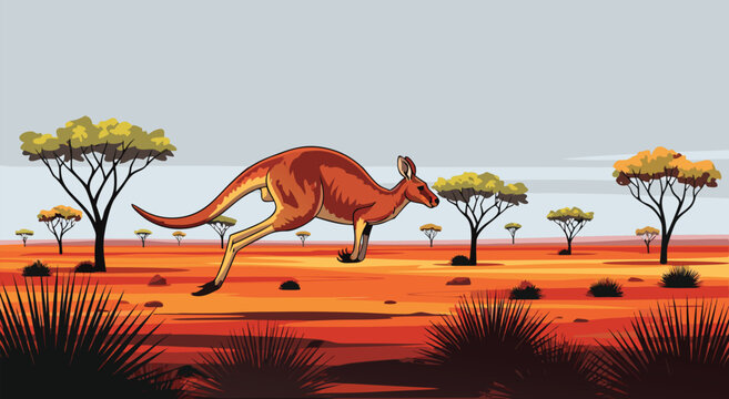 A dynamic kangaroo in motion illustration captured within the vast Australian outback environment from a wide landscape viewpoint.