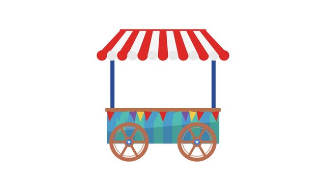 Colorful Street Food Cart Illustration with Red and White Striped Awning and Wheels for Market Design
