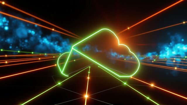 Neon cloud illustration. Bright lines connect points, creating futuristic network effect. Dark background enhances glowing visuals.