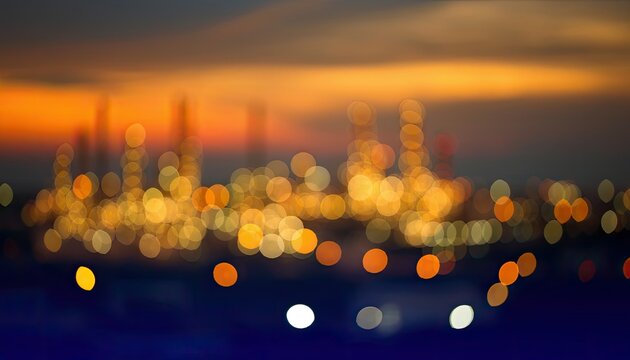 Abstract bokeh lights of an industrial complex at dusk.