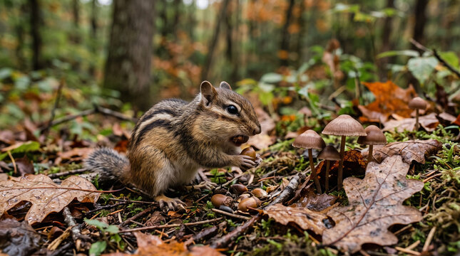 Chipmunk eating nuts on forest floor among autumn leaves  