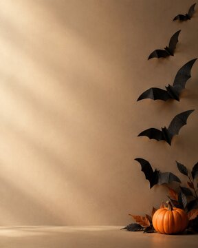 Spooky Halloween scene with flying bats and pumpkin on a brown background with warm light.