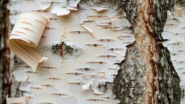 Peeling white birch tree bark texture with natural layers