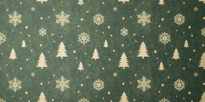 Seamless christmas pattern with golden snowflakes and fir trees on a dark green textured background