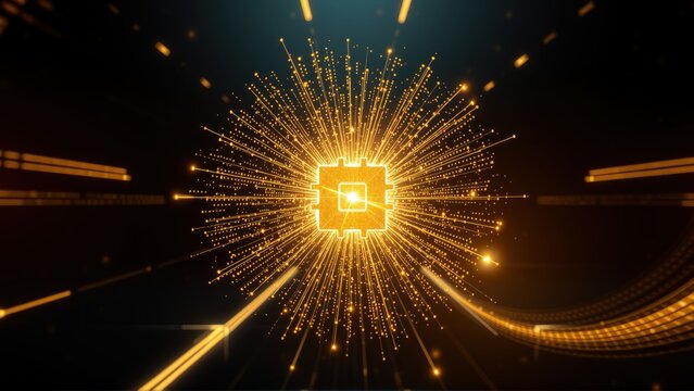 Bright golden particles radiate from central square. Dark background features glowing lines, creating futuristic effect. Abstract digital explosion.