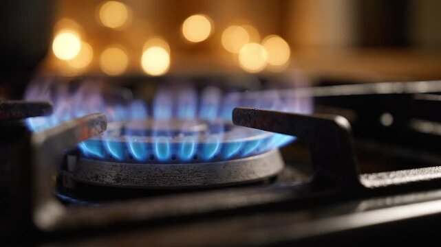 Gas stove burner sustaining a blue flame. Domestic cooking appliance and natural gas energy in a kitchen. Cooking on gas stove