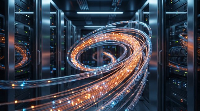 Fiber-optic data streams representing digital transformation in a modern data center.