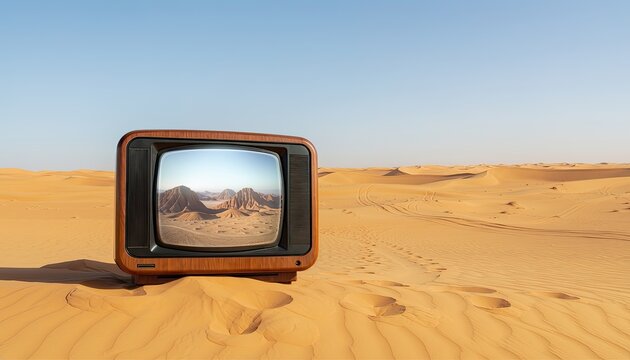 An old television displaying a desert landscape sits in the middle of a vast sand dune expanse.