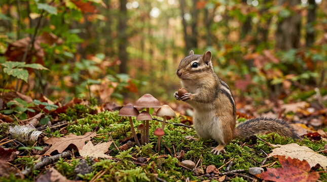 Chipmunk standing on moss next to mushrooms in a vibrant forest  