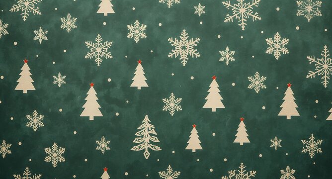 Seamless christmas pattern with white snowflakes and stylized pine trees on a dark green textured background