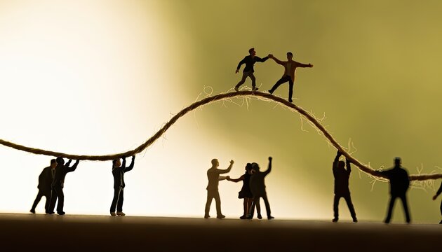 Miniature figures collaborating and balancing on a rope.