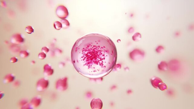 Soft pink liquid serum bubbles floating gently in clear space. Ideal for skincare, cosmetic essence, and luxury wellness background with elegant light and texture.