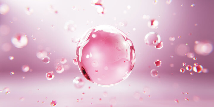 Soft pink liquid serum bubbles floating gently in clear space. Ideal for skincare, cosmetic essence, and luxury wellness background with elegant light and texture.
