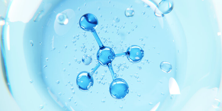 Blue molecular structure floating in liquid, representing chemistry, molecular science, biotechnology, pharmaceutical research, active ingredients, hydration and advanced scientific innovation.
