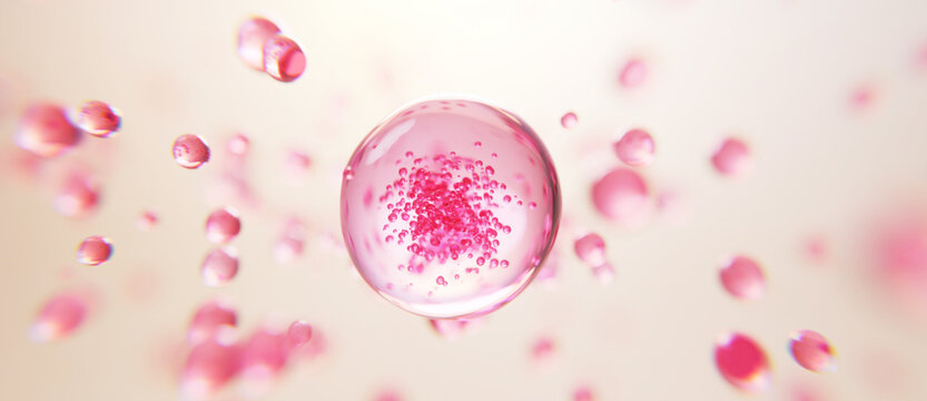 Scientific microscopic illustration of a pink biological cell surrounded by cellular particles, representing cell biology, molecular science, biotechnology, medical research and biomedical innovation.