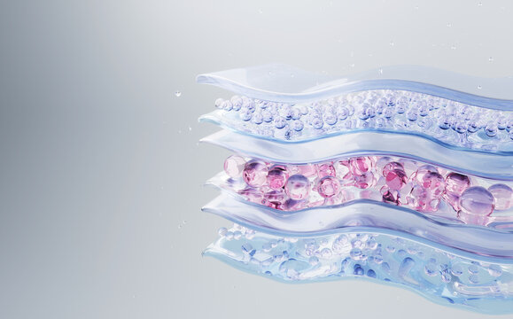 Scientific illustration of layered skin tissue and cells, representing skin structure, cellular regeneration, collagen, hydration, skin barrier, anti-aging skincare and dermatological research.