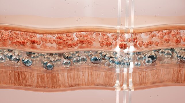 Scientific illustration of laser light targeting skin layers and cells, representing advanced laser therapy, collagen stimulation, skin rejuvenation, anti-aging treatment and dermatological technology