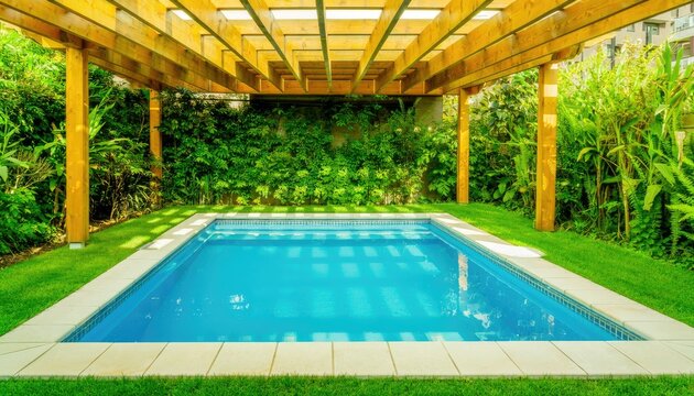 A beautifully maintained backyard with a sparkling swimming pool and a wooden pergola.