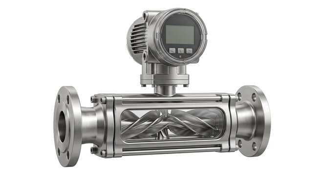 Industrial Vortex Flow Meter Transmitter with Digital Display for Pipeline Flow Measurement Isolated on White Background