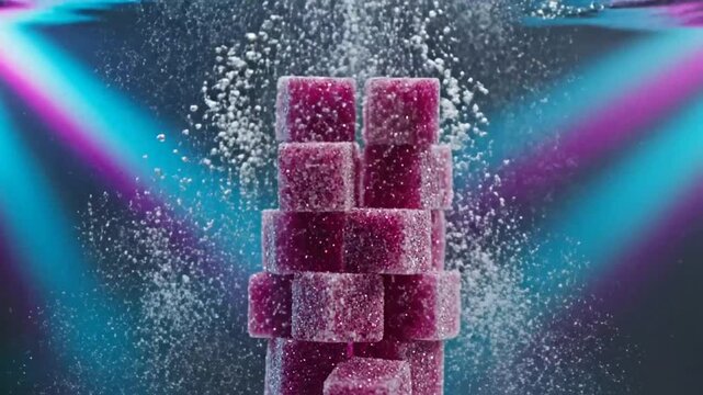 Sugar cubes stacked and dissolving in water with vibrant colors and bubble effects for artistic video