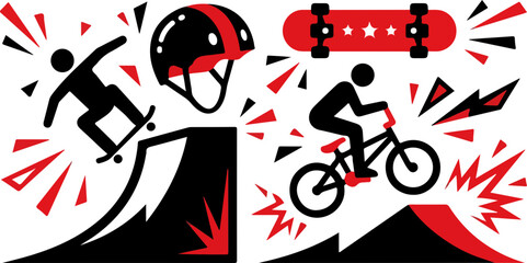 Obraz premium Skateboarding and BMX Bike Action Sports Vector Illustration