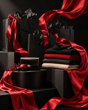 Luxury fashion items, including stacked sweaters, a stylish handbag, and black gift bags, are elegantly presented with flowing red satin ribbons on dark display blocks for holiday shopping.