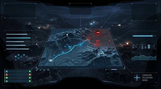 Futuristic military tactical map interface HUD display showing terrain tracking
