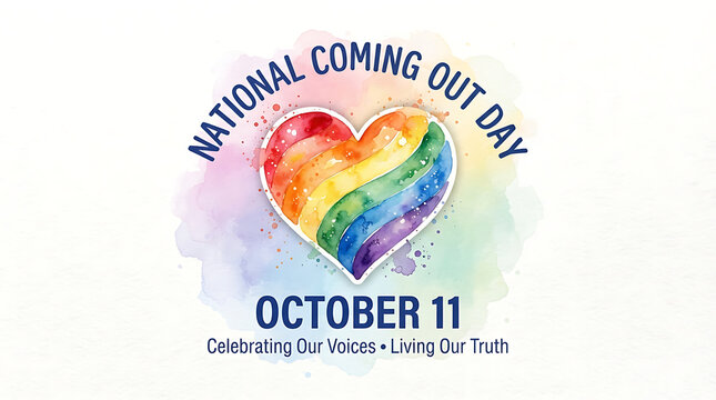 A watercolor rainbow-pride heart sits amid a light blue and purple wash, with curved blue "NATIONAL COMING OUT DAY" above and "OCTOBER 11," "Celebrating Our Voices," and "Living Our Truth"